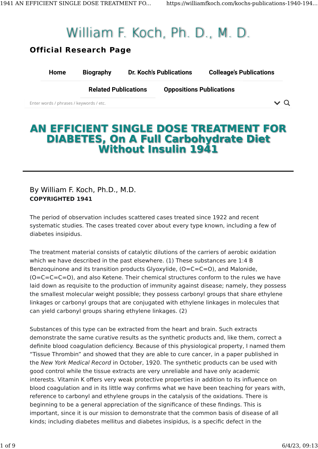 Cover for An Efficient Single Dose Treatment For Diabetes On A Full Carbohydrate Diet Without Insulin
