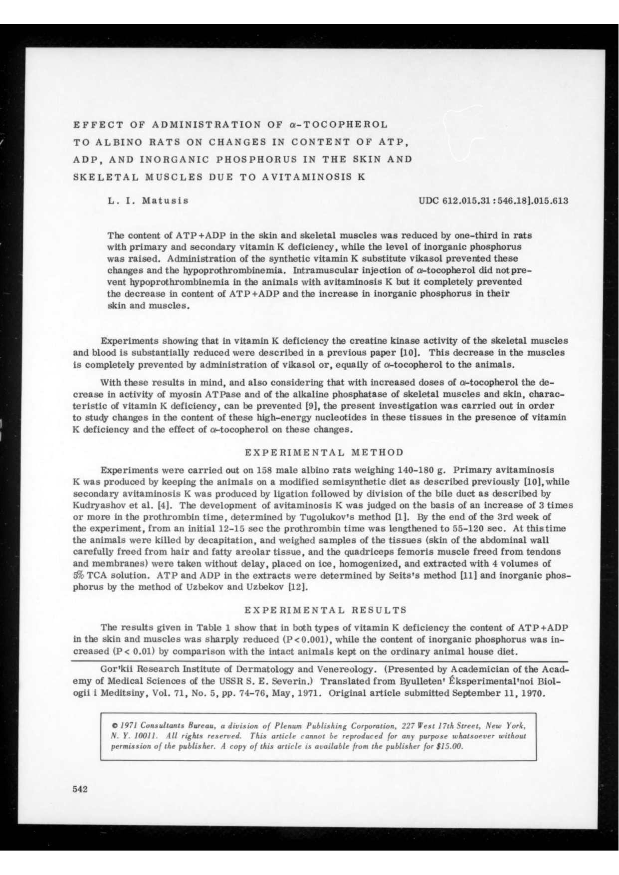 Cover for Effect Of Administration Of Alpha-tocopherol To Albino Rats On Changes In Content Of Atp, Adp, And Inorganic Phosphorus In The Skin And Skeletal Muscles Due To Avitaminosis K