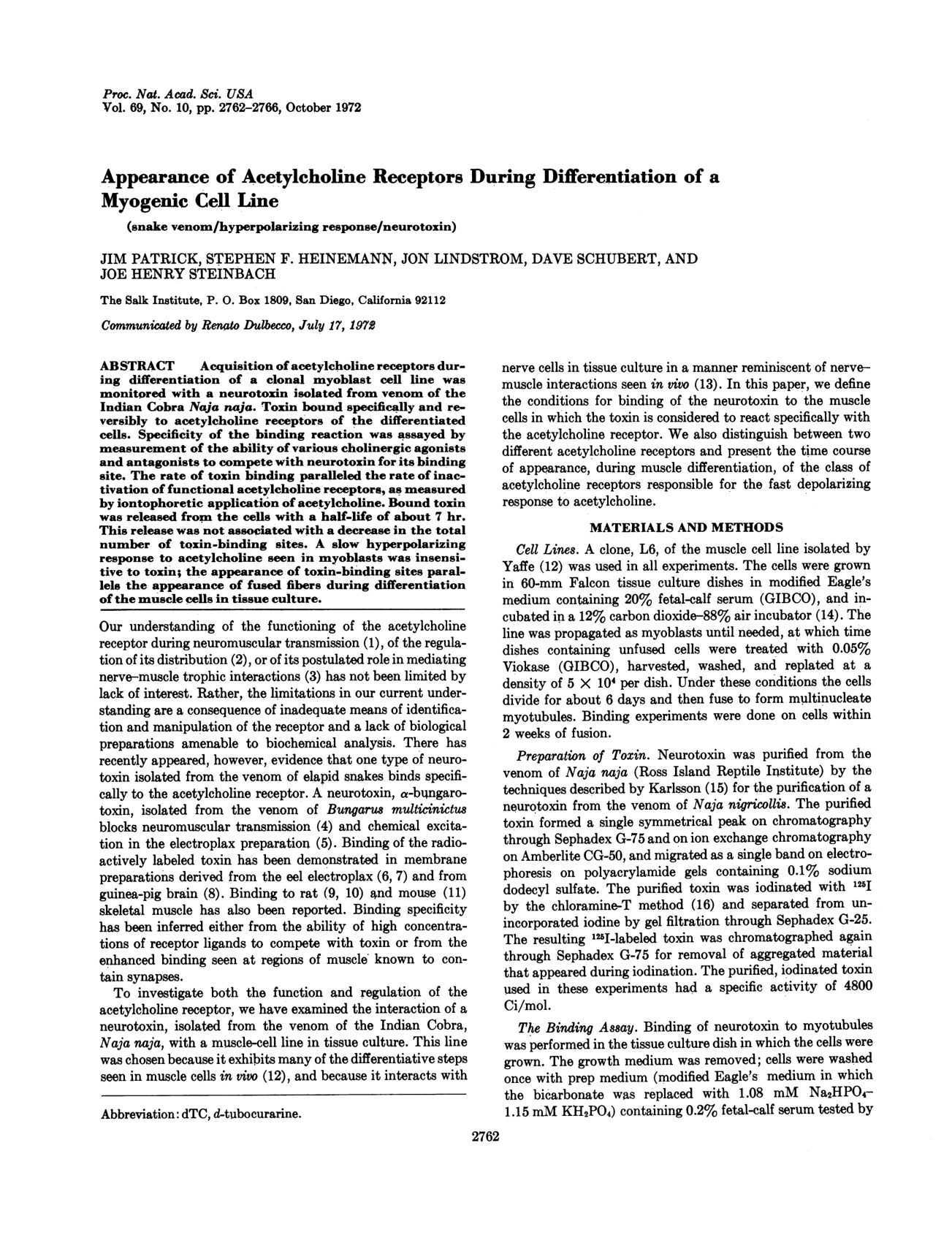 Cover for Appearance Of Acetylcholine Receptors During Differentiation