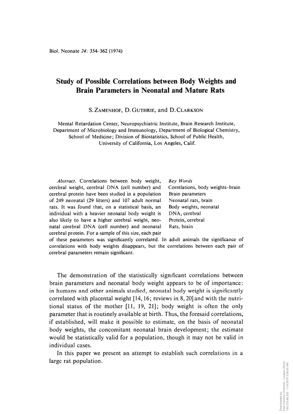 Cover for Study Of Possible Correlations Between Body Weights And Brain Parameters In Neonatal And Mature Rats