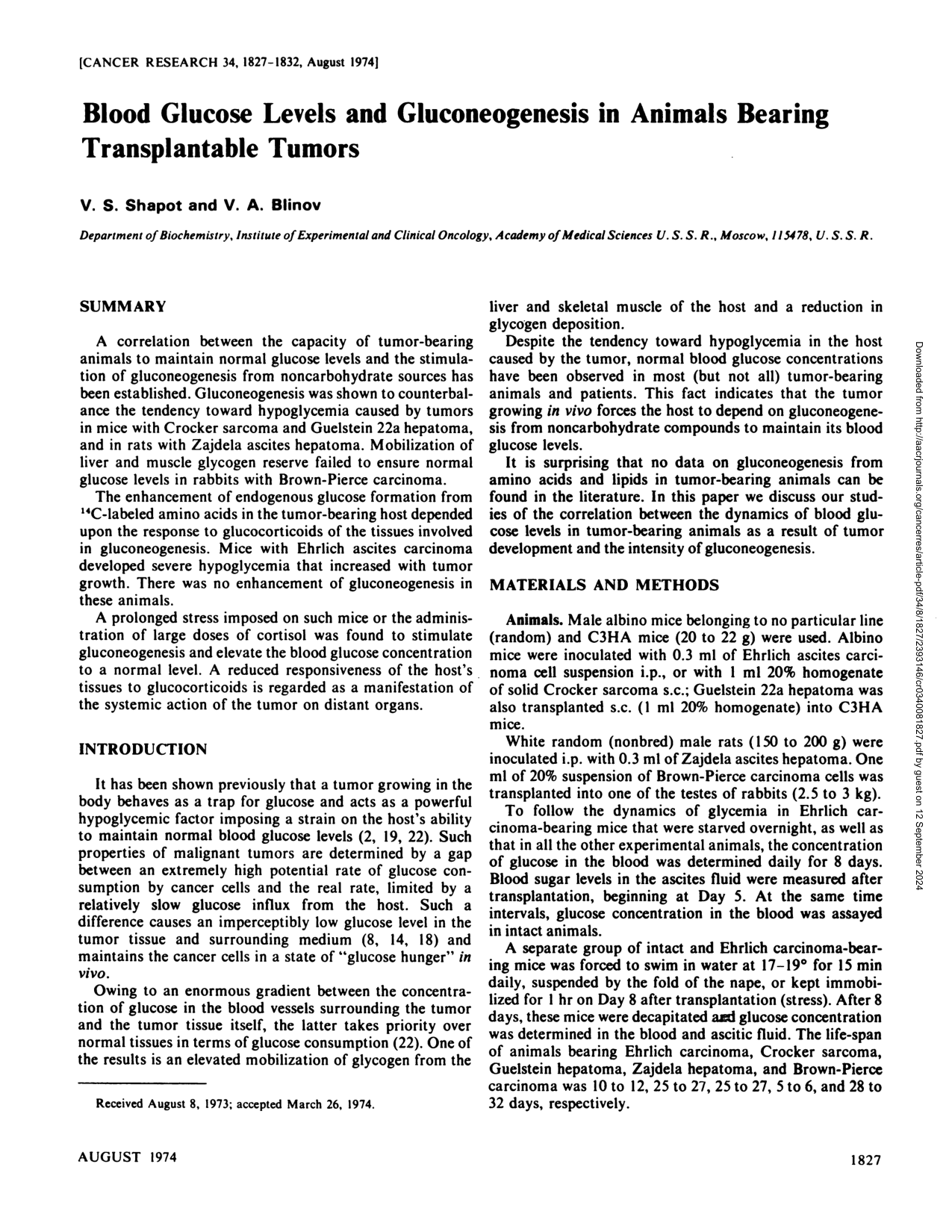 Cover for Blood Glucose Levels And Gluconeogenesis In Animal Transplantable Tumors