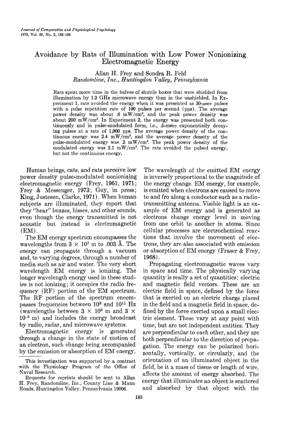 Cover for Avoidance By Rats Of Illumination With Low Power Nonionizing Electromagntic Energy