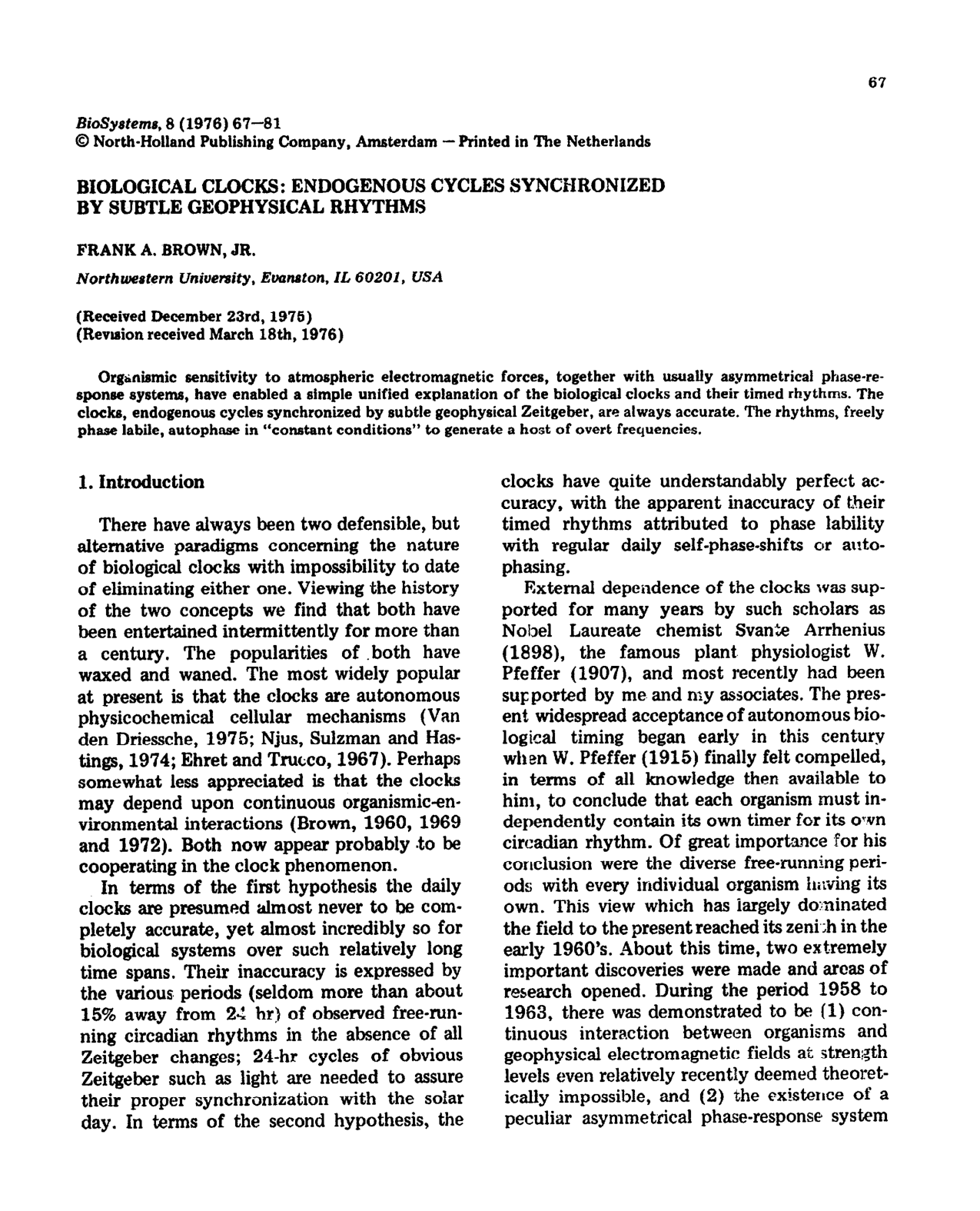 Cover for Biological Clocks, Endogenous Cycles Synchronized By Subtle Geophysical Rhythms
