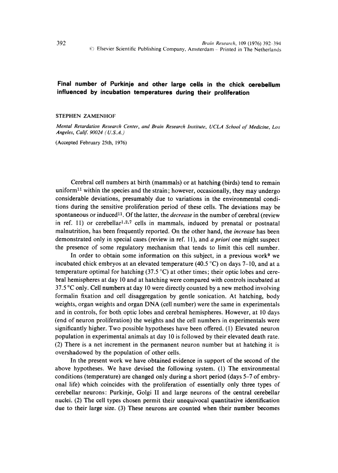 Cover for Final Number Of Purkinje And Other Large Cells In The Chick Cerebellum Influenced By Incubation Temperatures During Their Proliferation