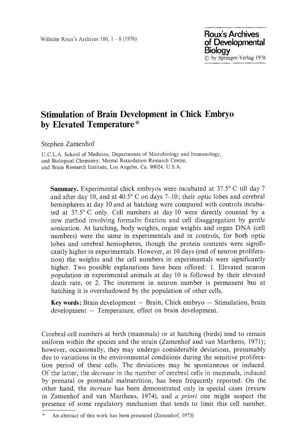 Cover for Stimulation Of Brain Development In Chick Embryo By Elevated Temperature