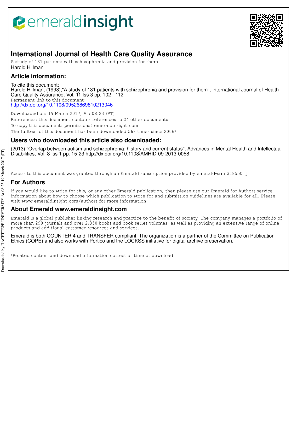 Cover for A Study Of 131 Patients With Schizophrenia And Provision For Them