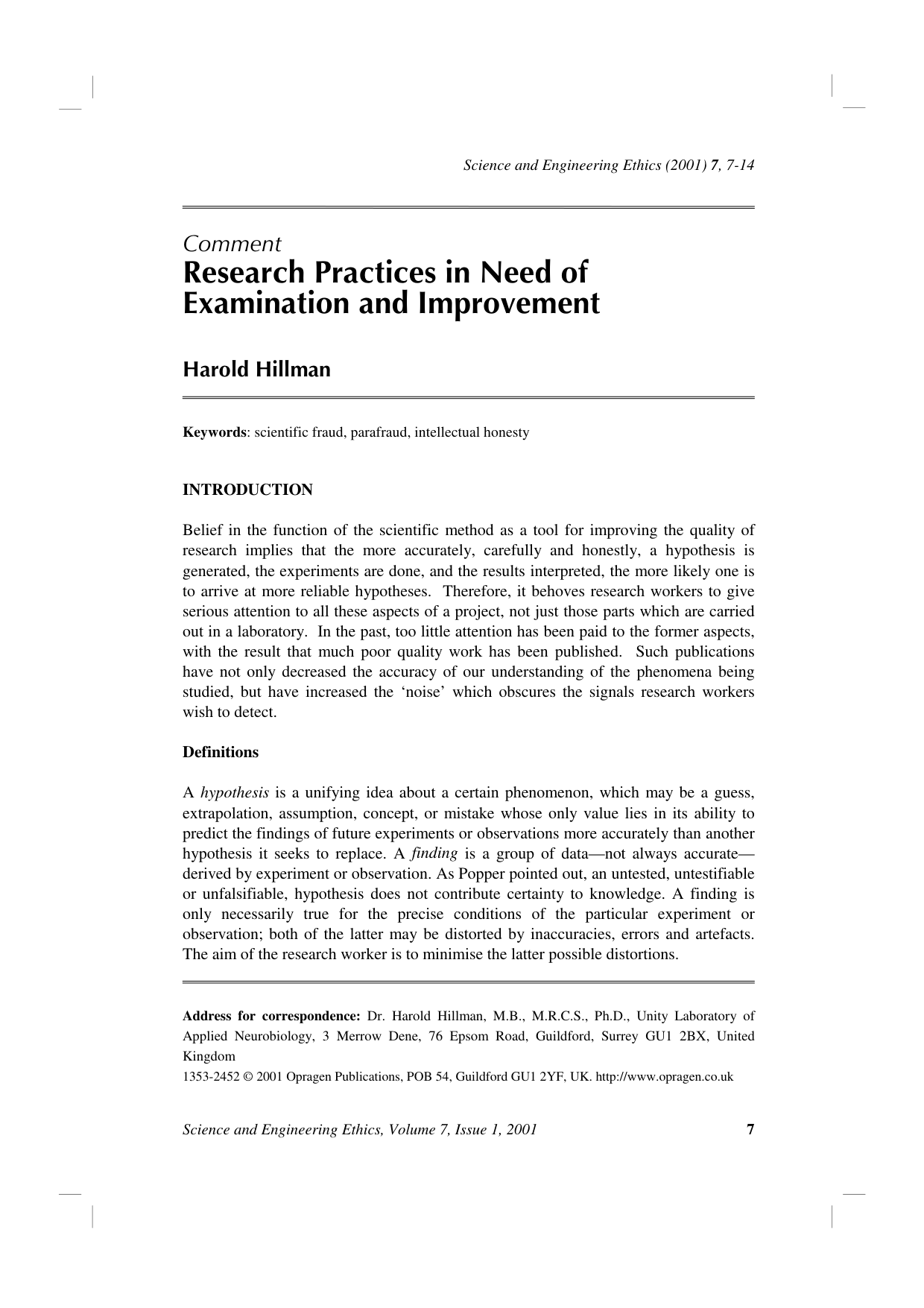 Cover for Research Practices In Need Of Examination And Improvement