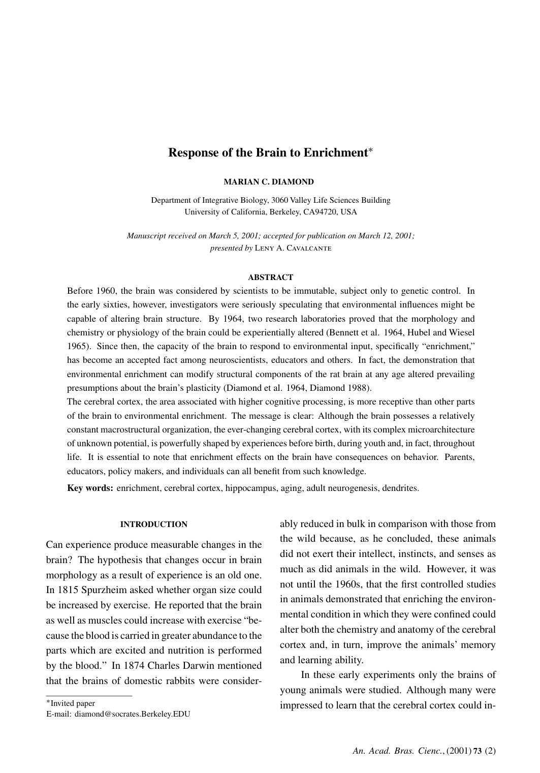 Cover for Response Of The Brain To Enrichment